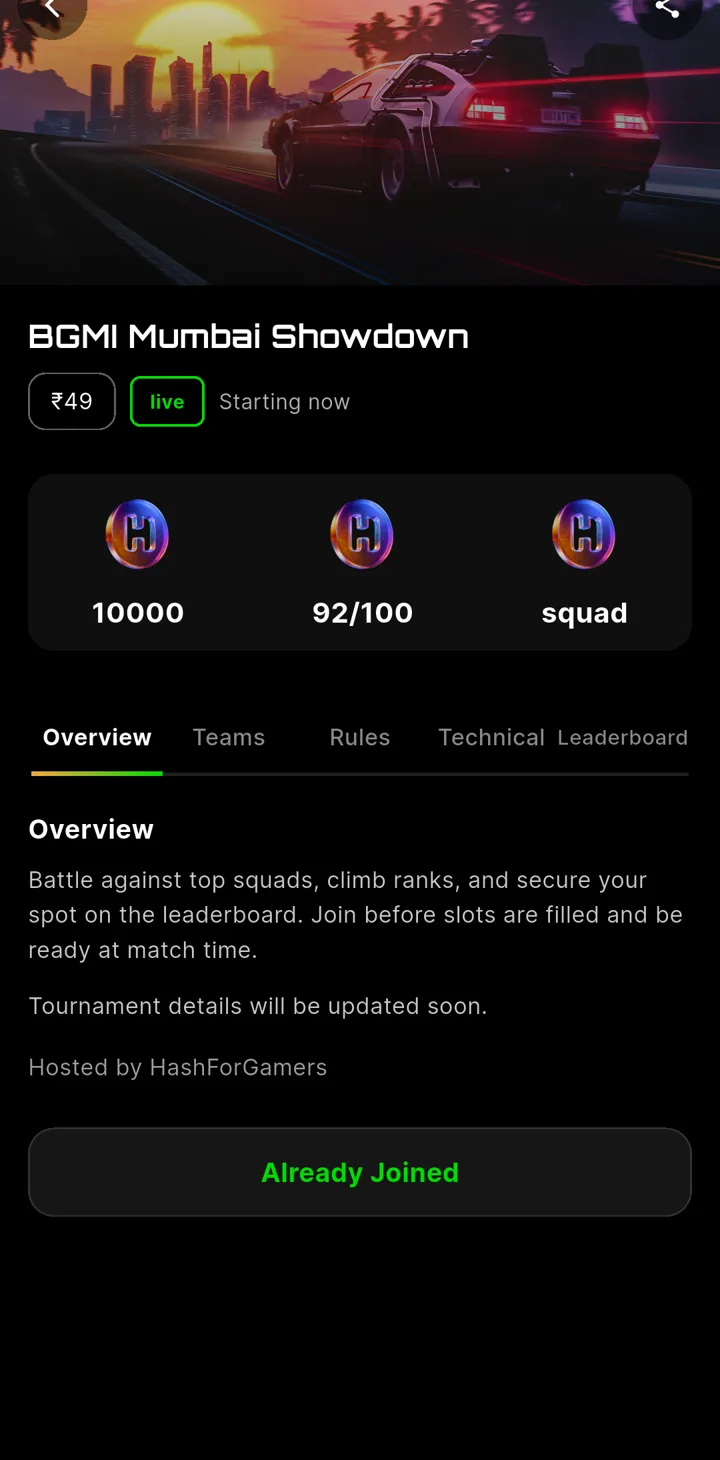 Hash app tournament detail with prize pool, slots, teams, rules and leaderboard