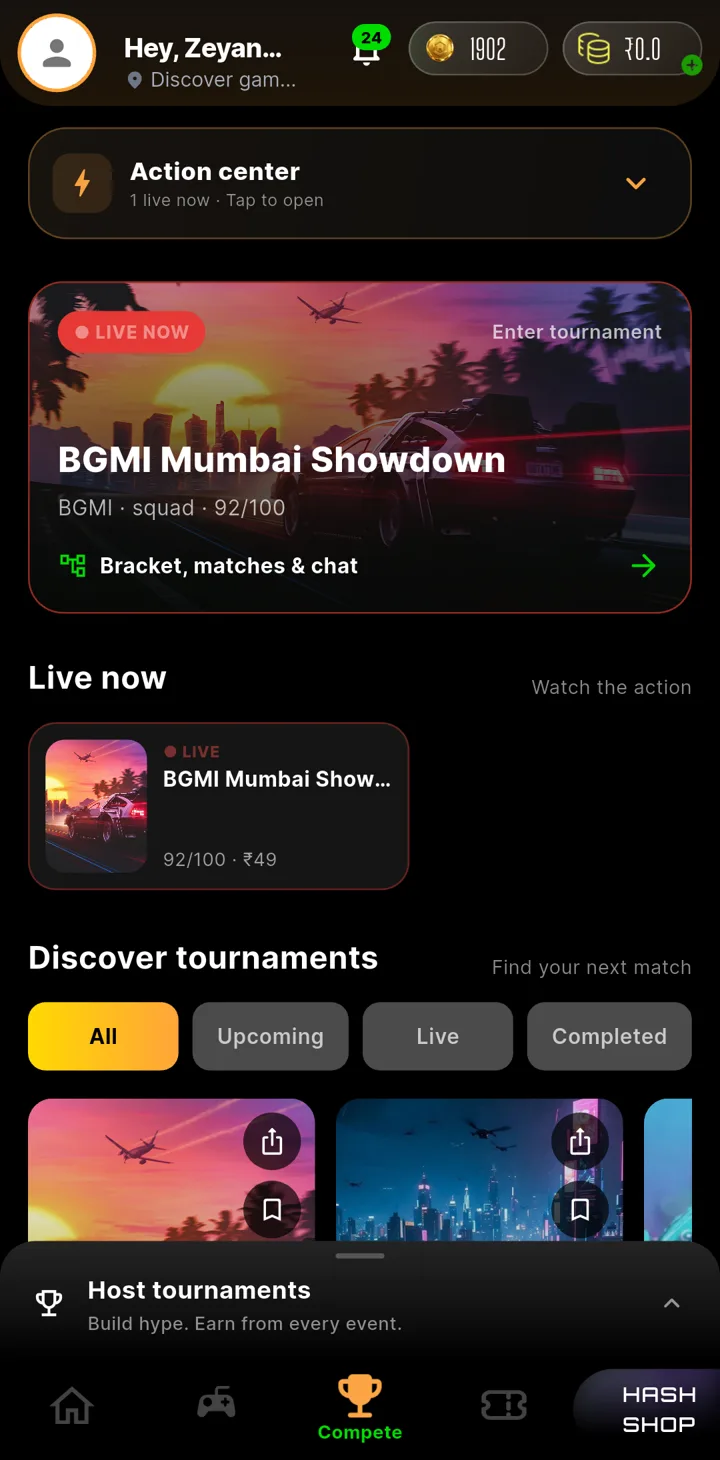 Hash app Compete tab showing a live BGMI tournament and upcoming tournaments