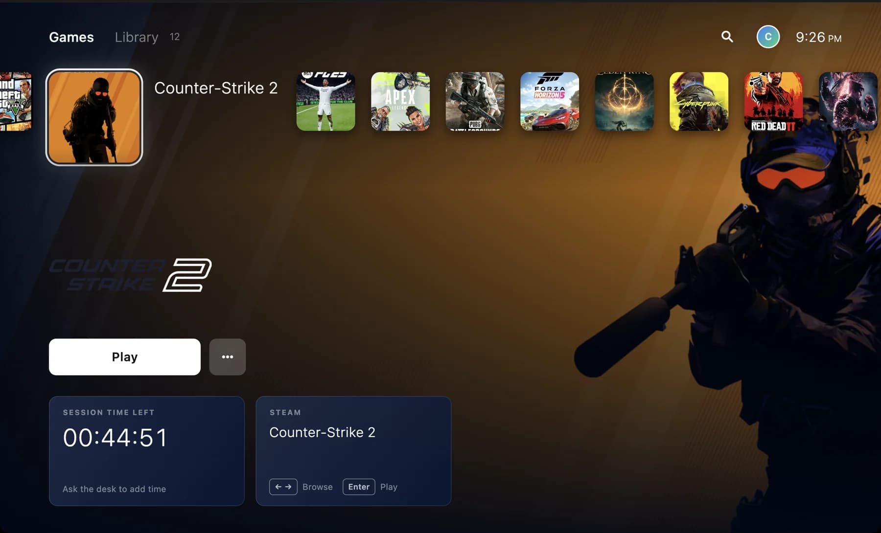 Hash kiosk game launcher showing game cover art, the selected game and session time left